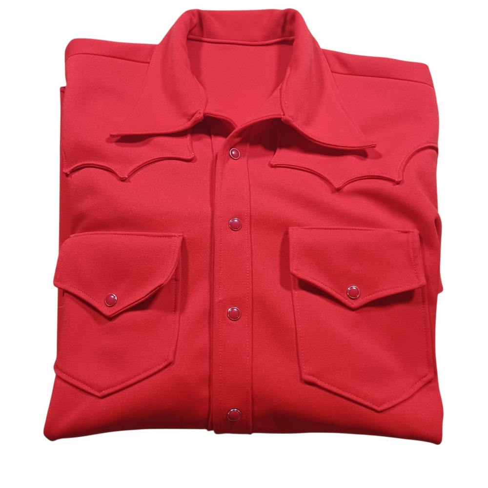 Vintage Handmade Western Pearl Snap Double Knit Solid Red‎ Long Sleeve Shirt
